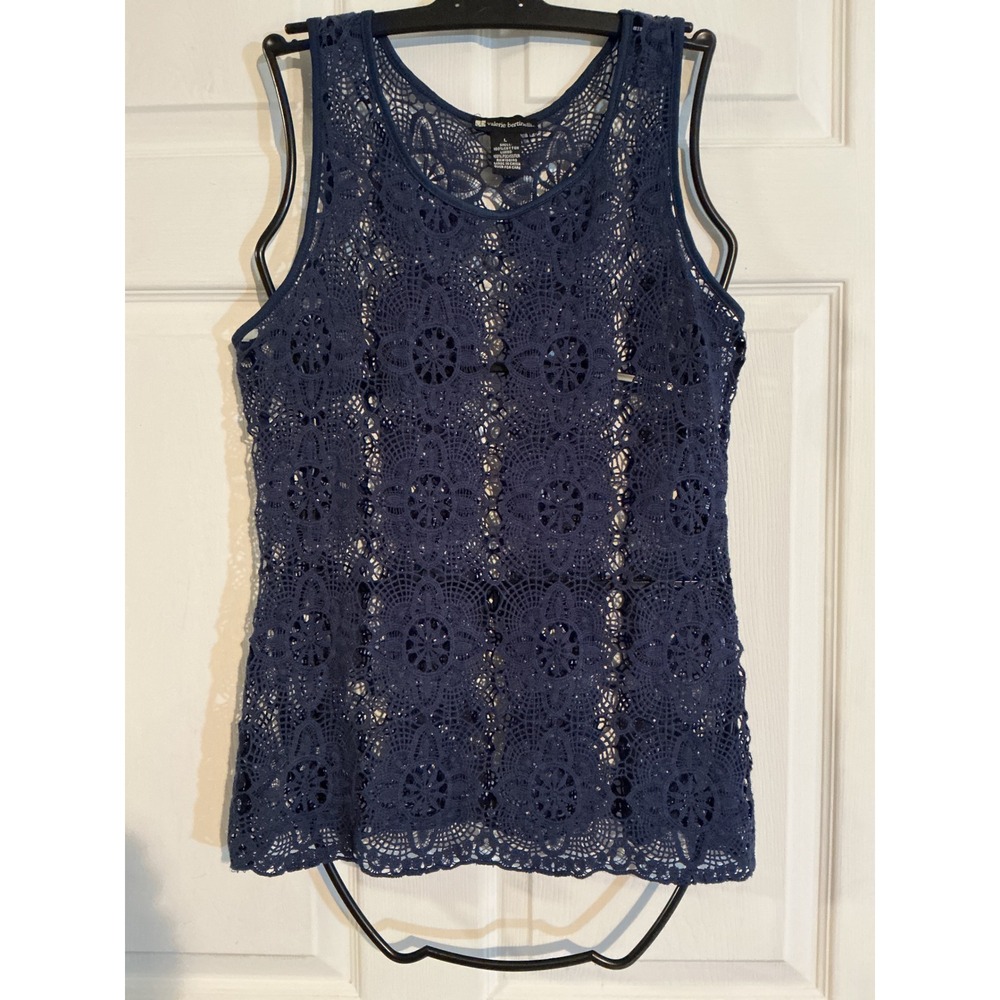 Valerie Bertinelli Navy Blue Crochet Lace Sleeveless Top Floral Medallion Large